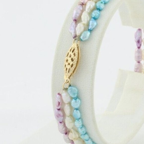 14k Yellow Gold Freshwater Natural Purple, White, Blue, Baroque Pearls 3 Strand - Picture 8 of 9